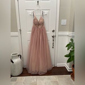 Prom, evening gown. Size 5. Embellished top with pouf bottom. Light pink/blush